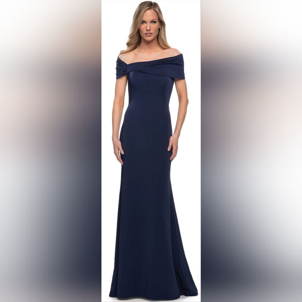 La Femme 29537 Fitted Off Shoulder Evening Dress NWOT Size 12 Navy Blue